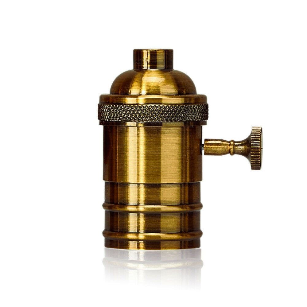 E27 Screw Vintage Switch Bulb Holder in Green Brass finish, showcasing its industrial antique design and compatibility with E27 bulbs.