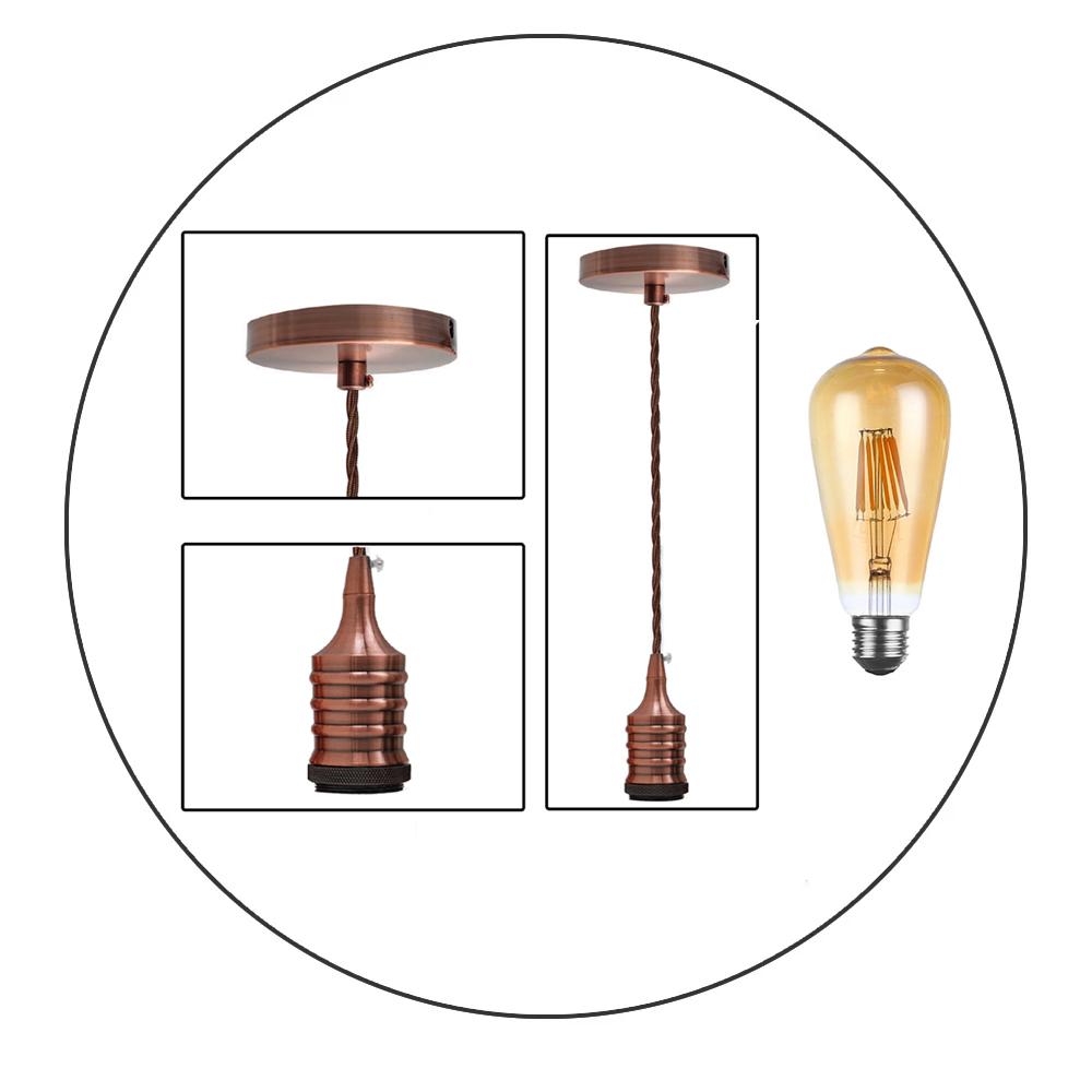 E27 Vintage Industrial Pendant Lamp Holder with twisted fabric cord and copper ceiling rose, featuring a vintage-style filament bulb.