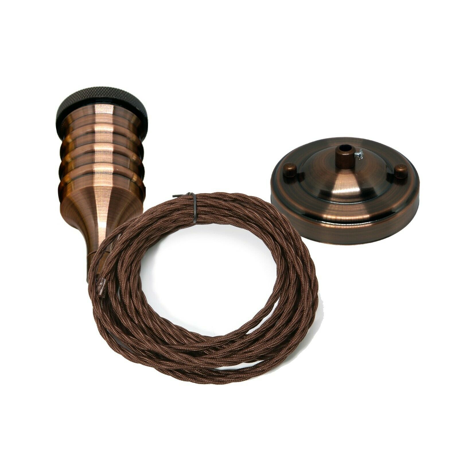 E27 Vintage Industrial Pendant Lamp Holder with twisted fabric cord and copper ceiling rose, featuring a vintage-style filament bulb.