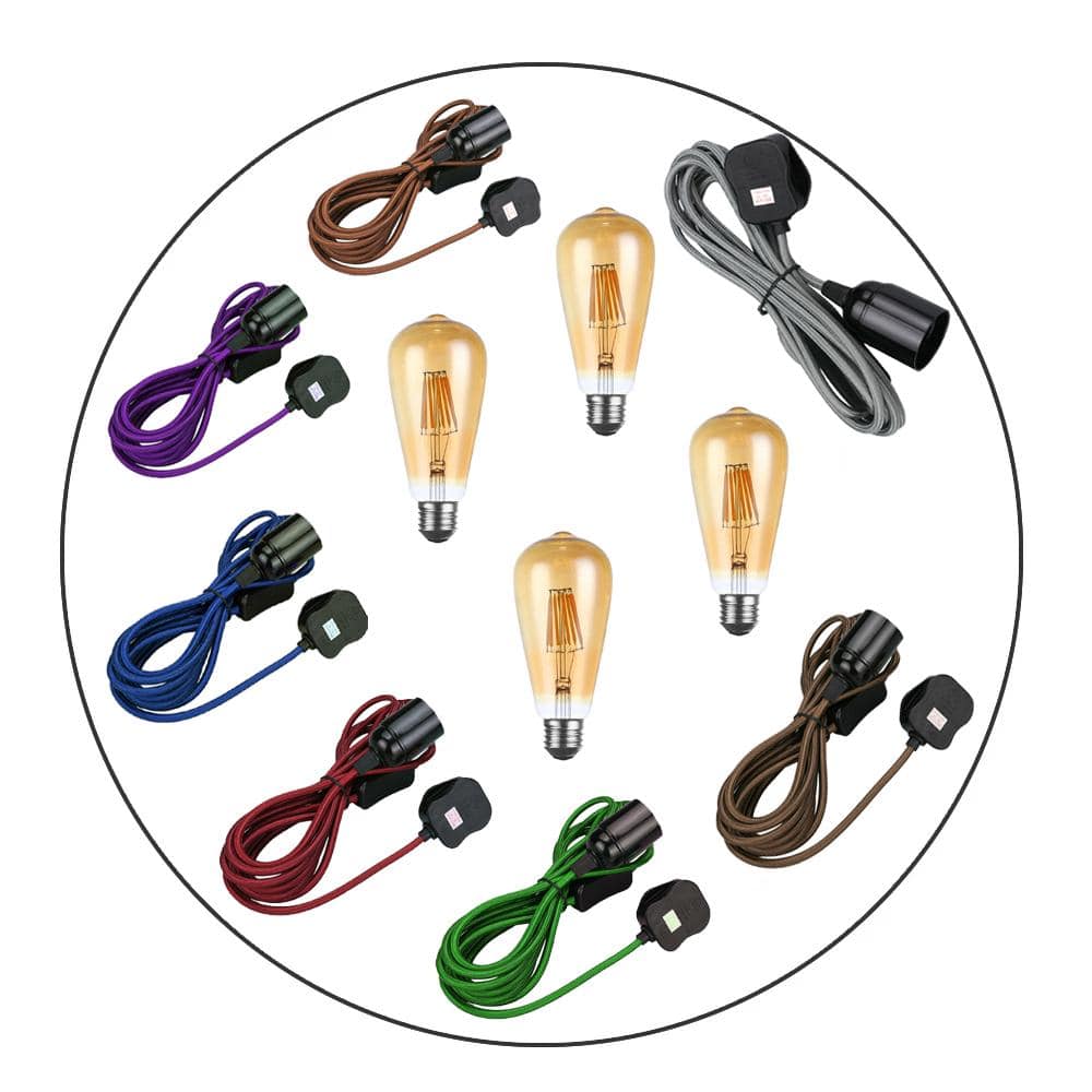 Fabric Flex Cable Plug In Pendant Lamp Light Set ES E27 with vintage bulb, showcasing various color options and a stylish design.