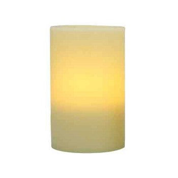 Flameless 4 x 6 Flat Top Wax Pillar Candle in a cozy indoor setting, showcasing its realistic wax finish and warm glow.