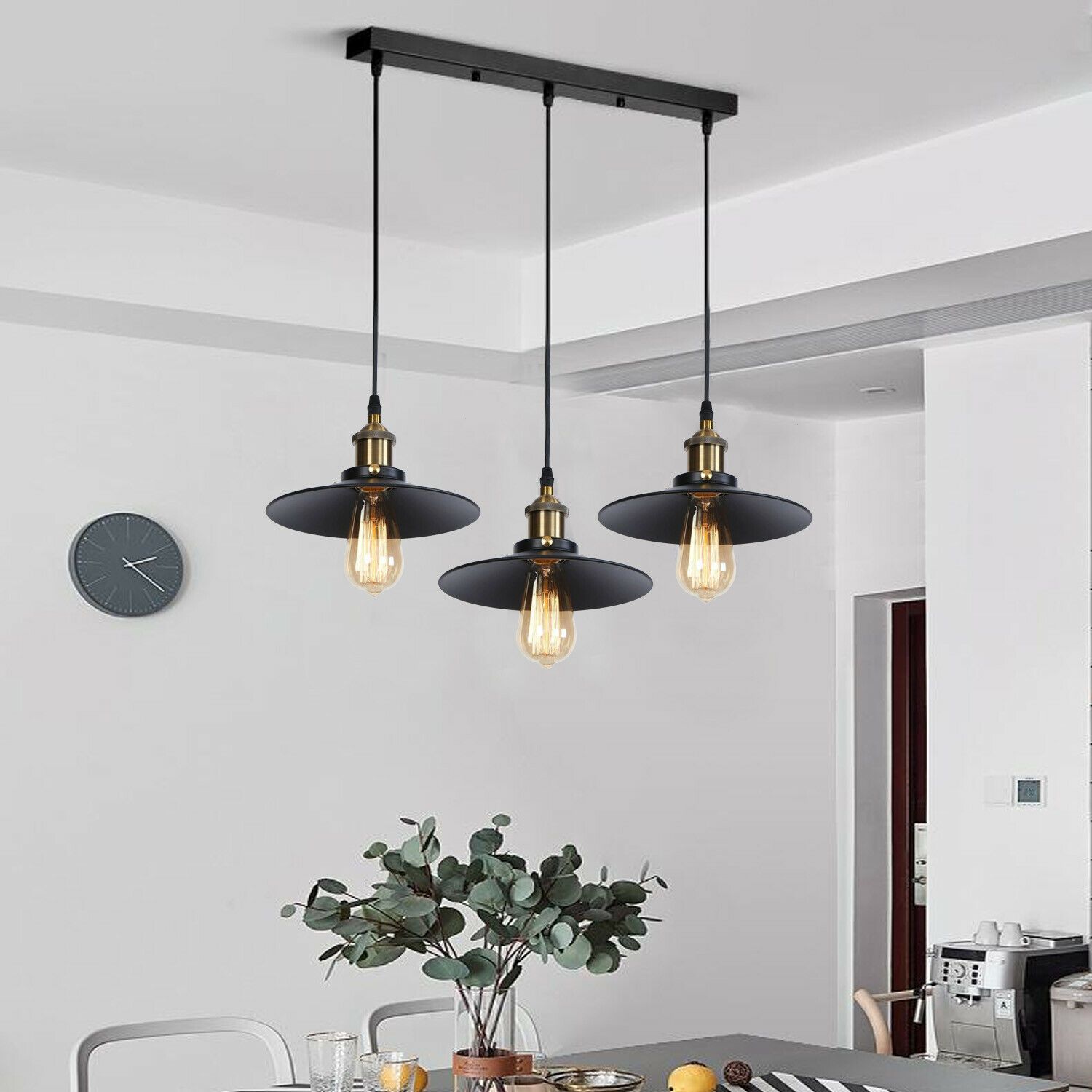 3 Way Modern Black Ceiling Pendant Cluster Light Fitting showcasing vintage retro style lampshades and adjustable flexes.
