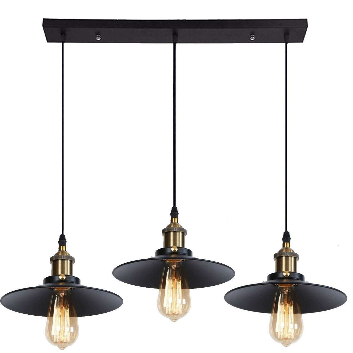 3 Way Modern Black Ceiling Pendant Cluster Light Fitting showcasing vintage retro style lampshades and adjustable flexes.