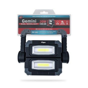 Gemini Dual Work Light showcasing its compact design and dual COB lamps, ideal for portable illumination.
