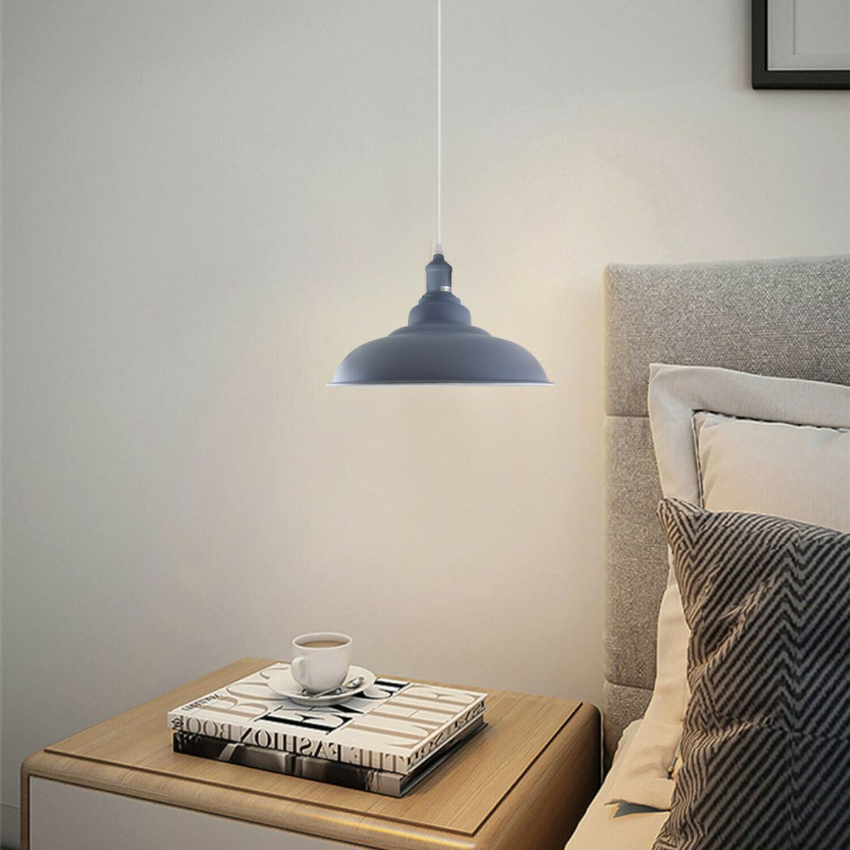 Grey modern industrial retro lamp shade pendant light with sleek dome design and white interior for enhanced illumination.