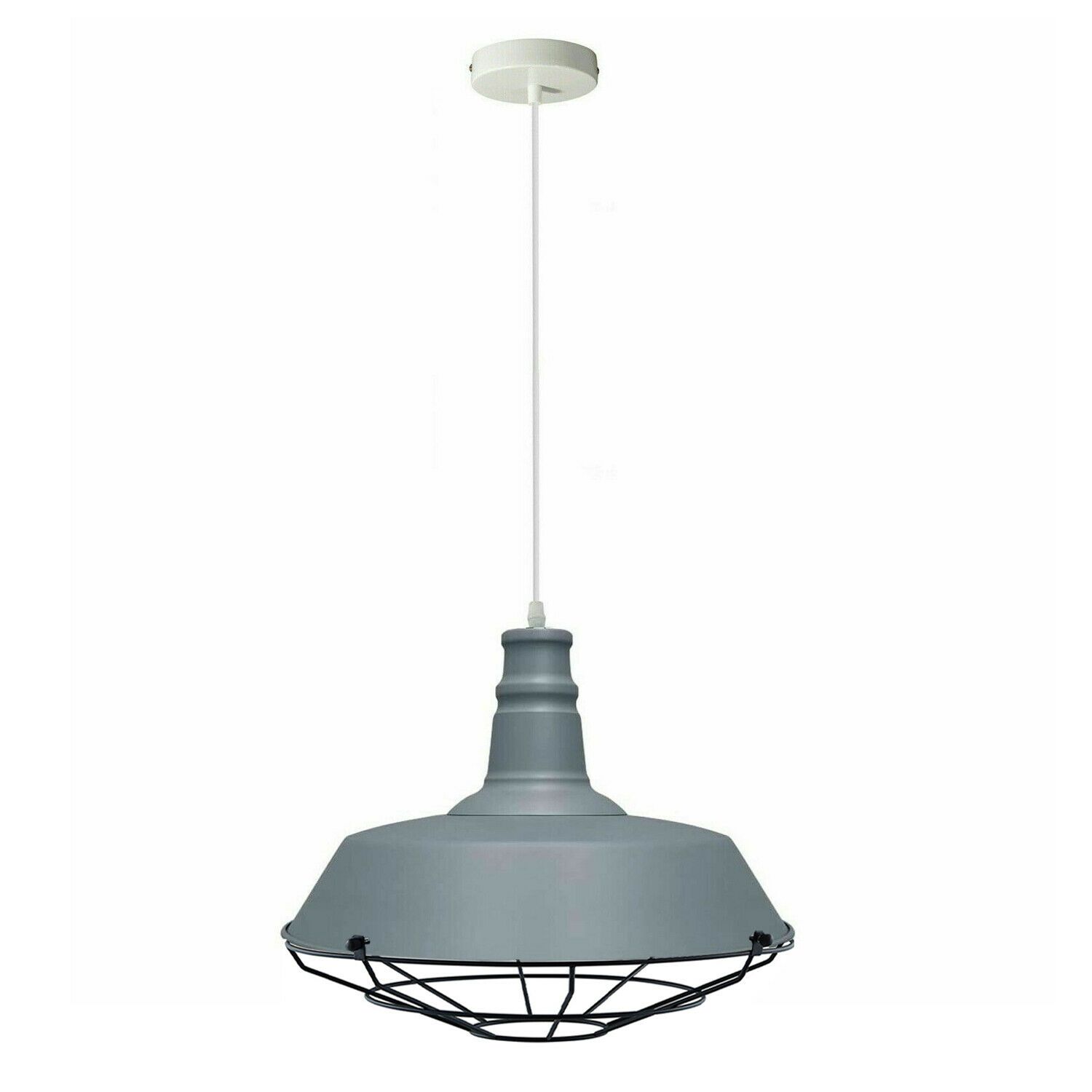 Grey pendant light with metal lampshade, adjustable wire, and modern design, suitable for various indoor spaces.