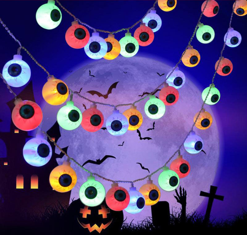 A string of 10 LED eyeball lights, perfect for Halloween decorations, featuring spooky eyeball designs in various colors.