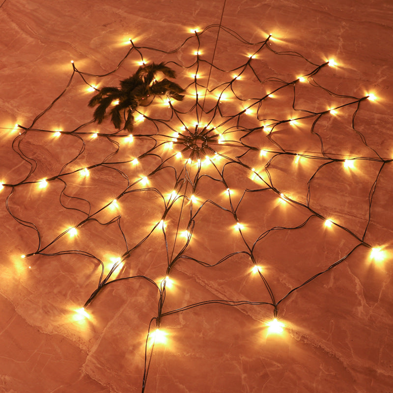 Halloween LED Spider Web String Light with remote control, featuring a giant web, 70 LED lights, and a realistic spider for spooky decorations.