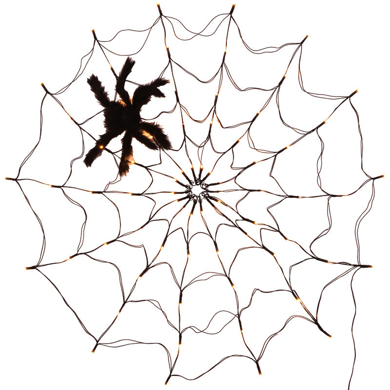 Halloween LED Spider Web String Light with remote control, featuring a giant web, 70 LED lights, and a realistic spider for spooky decorations.