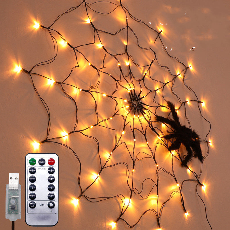 Halloween LED Spider Web String Light with remote control, featuring a giant web, 70 LED lights, and a realistic spider for spooky decorations.