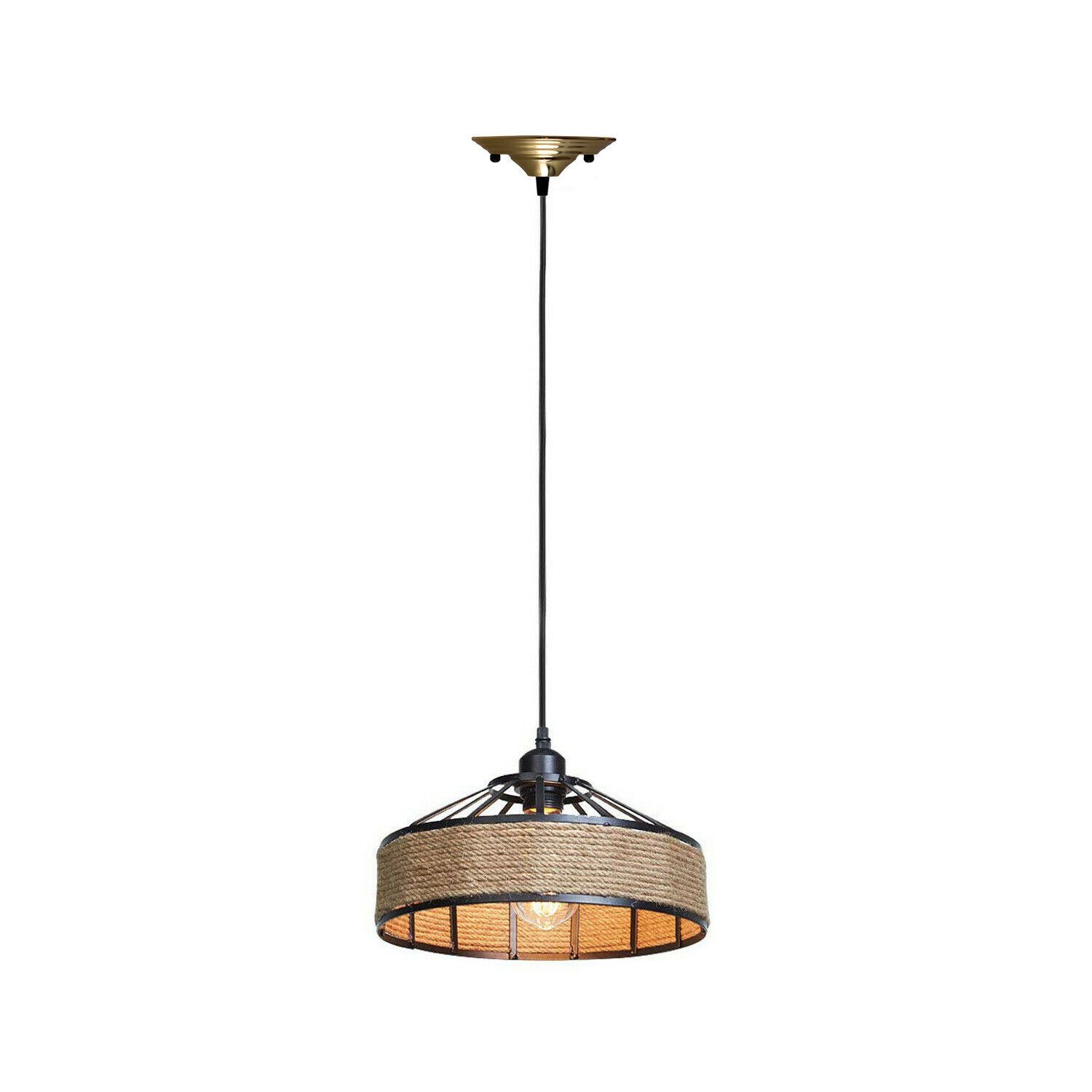 Hanging Lamp Hemp Rope Light with a stylish design, featuring a hemp rope shade and black metal accents, ideal for home decor.