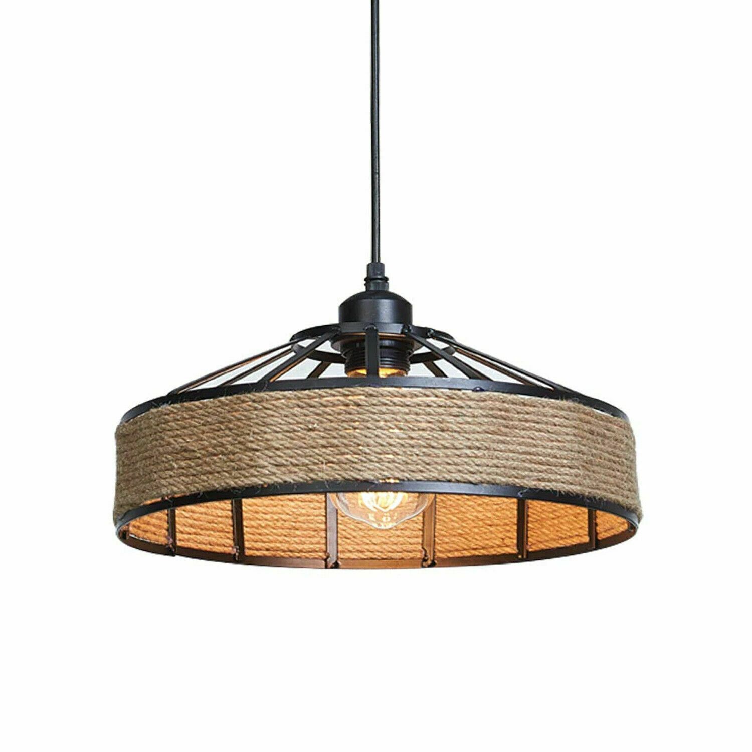 Hanging Lamp Hemp Rope Light with a stylish design, featuring a hemp rope shade and black metal accents, ideal for home decor.