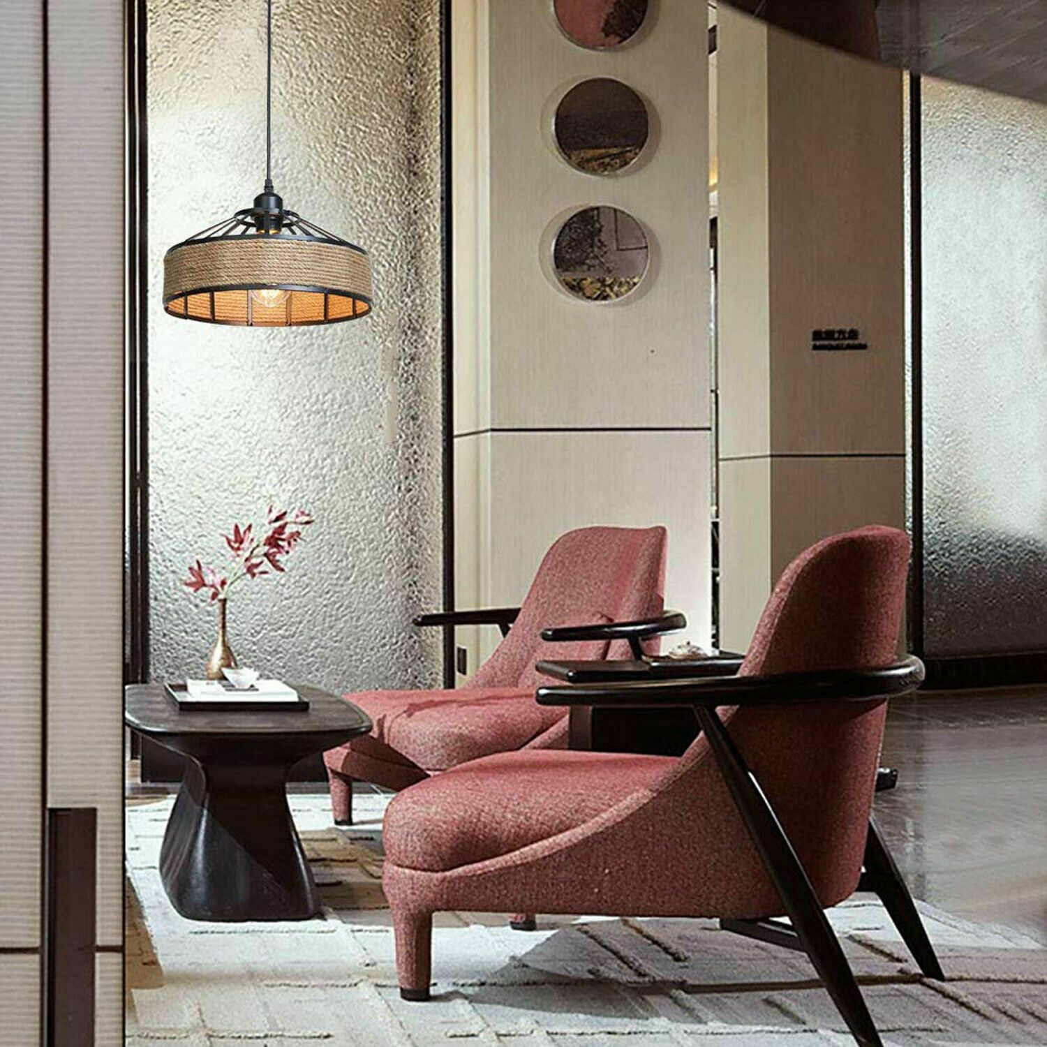 Hanging Lamp Hemp Rope Light with a stylish design, featuring a hemp rope shade and black metal accents, ideal for home decor.