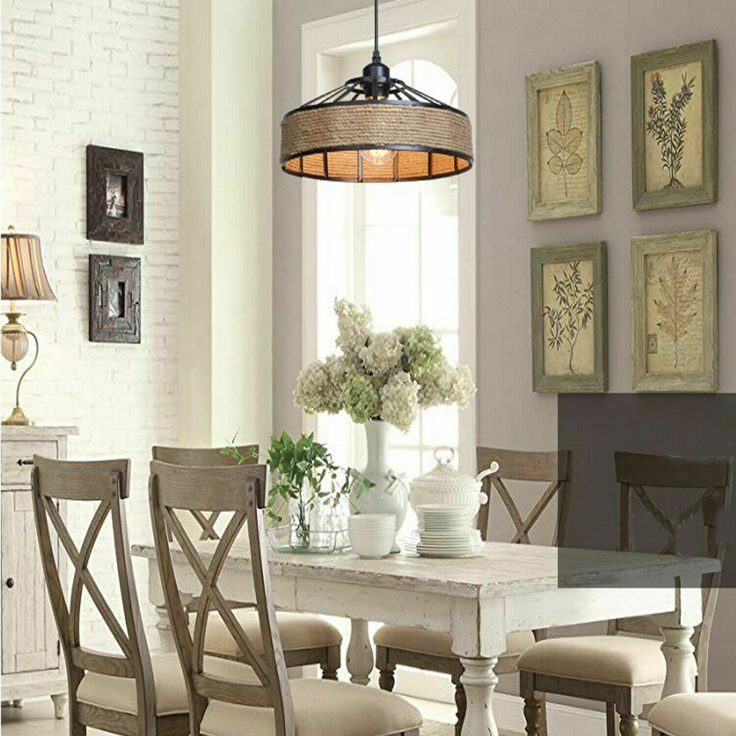 Hanging Lamp Hemp Rope Light with a stylish design, featuring a hemp rope shade and black metal accents, ideal for home decor.