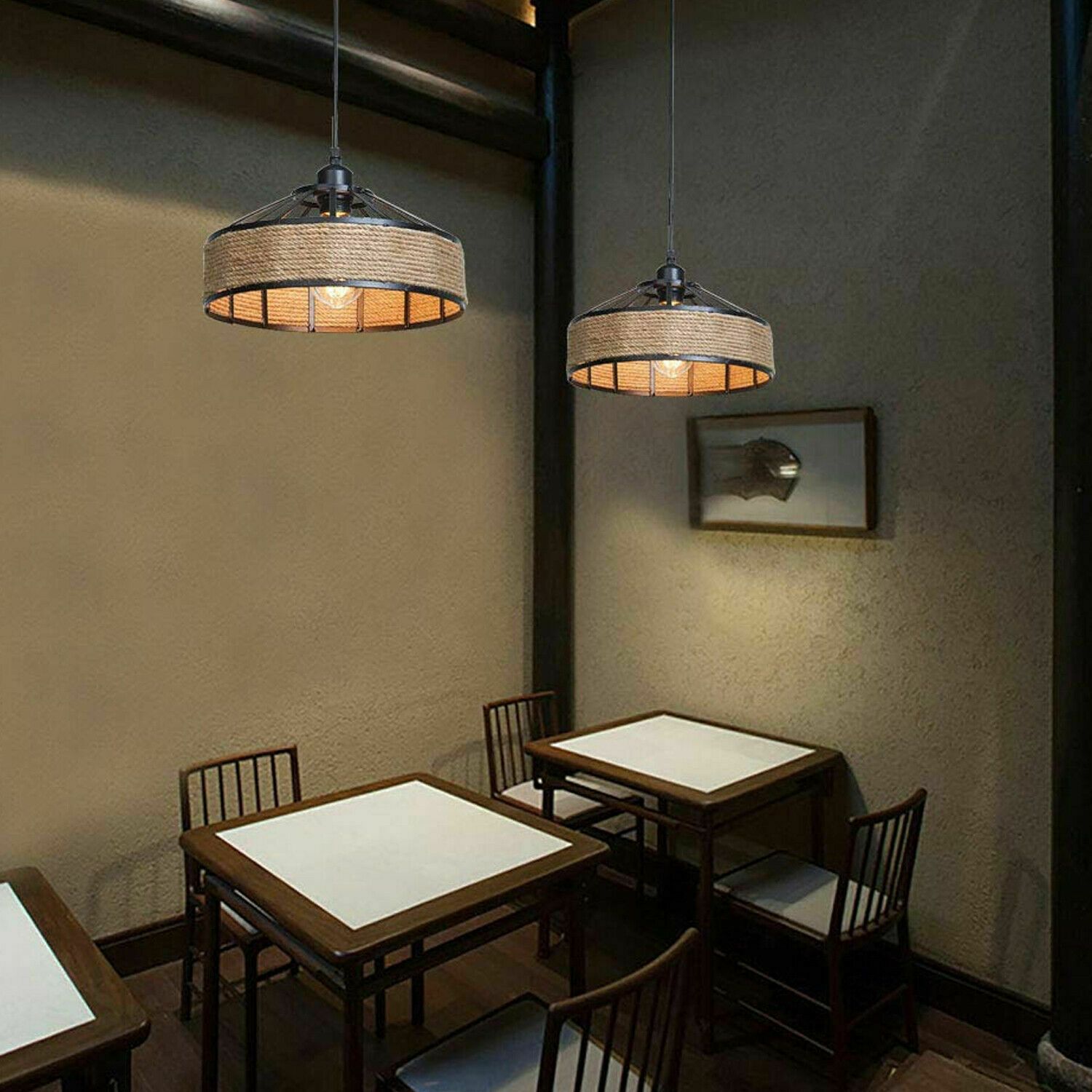 Hanging Lamp Hemp Rope Light with a stylish design, featuring a hemp rope shade and black metal accents, ideal for home decor.