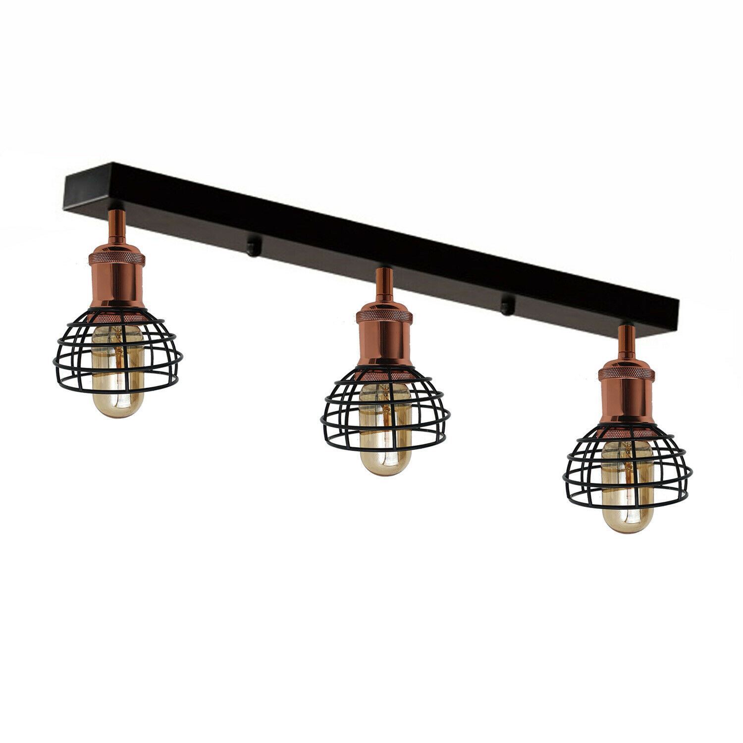 Industrial 3 Way Ceiling Light Fitting showcasing black and rose gold design with Edison-style bulbs.
