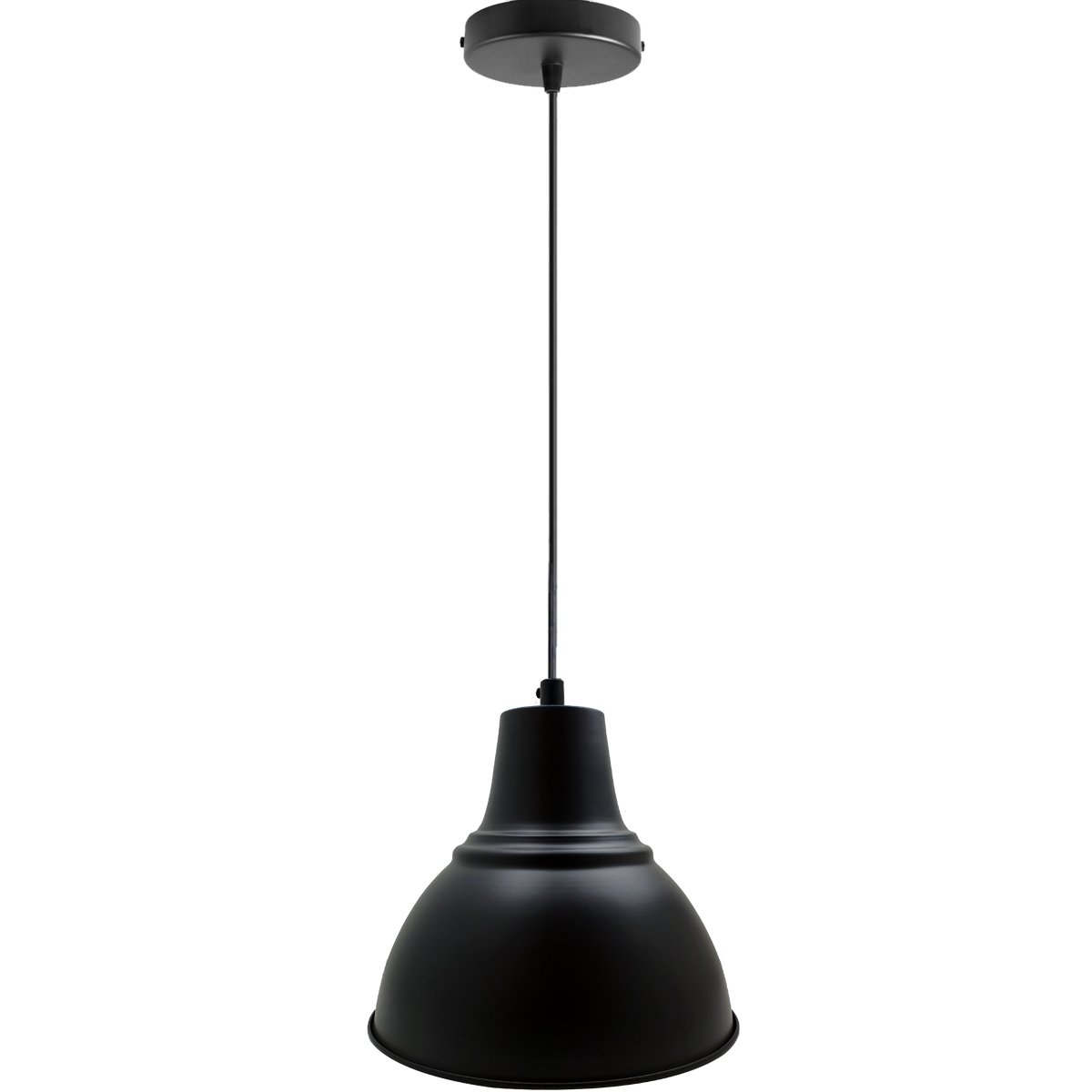 Industrial black pendant lighting fixture with a vintage design, featuring a metal barn lampshade and adjustable chain, perfect for kitchens and living rooms.