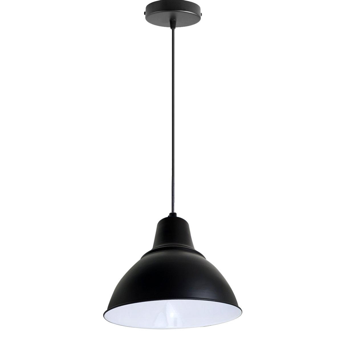 Industrial black pendant lighting fixture with a vintage design, featuring a metal barn lampshade and adjustable chain, perfect for kitchens and living rooms.
