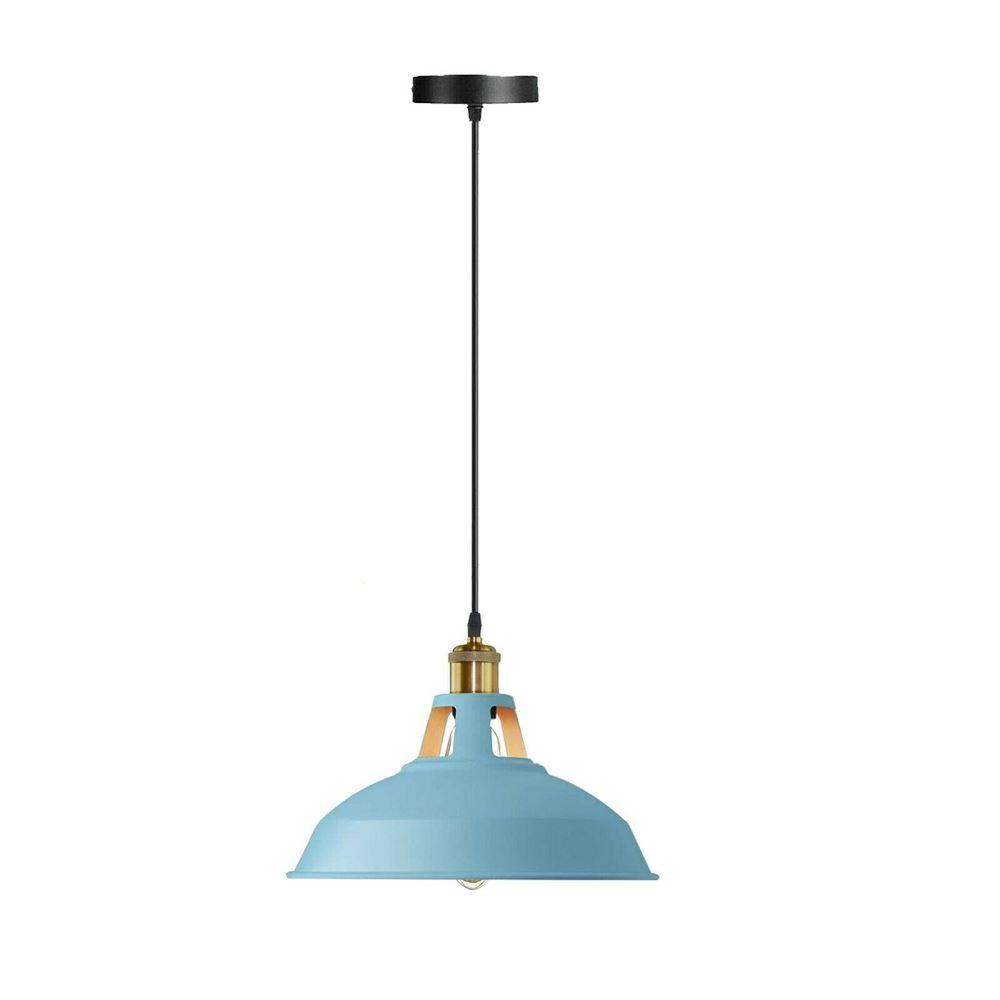 Industrial Blue Retro Loft Metal Hanging Vintage Ceiling light with a blue shade and black fabric wire, showcasing its stylish design and quality materials.