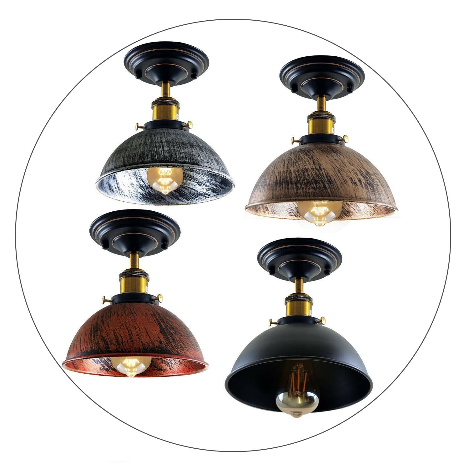 Industrial ceiling light with flush mount dome shade in rustic red, brushed copper, brushed silver, and black options, showcasing its stylish design.