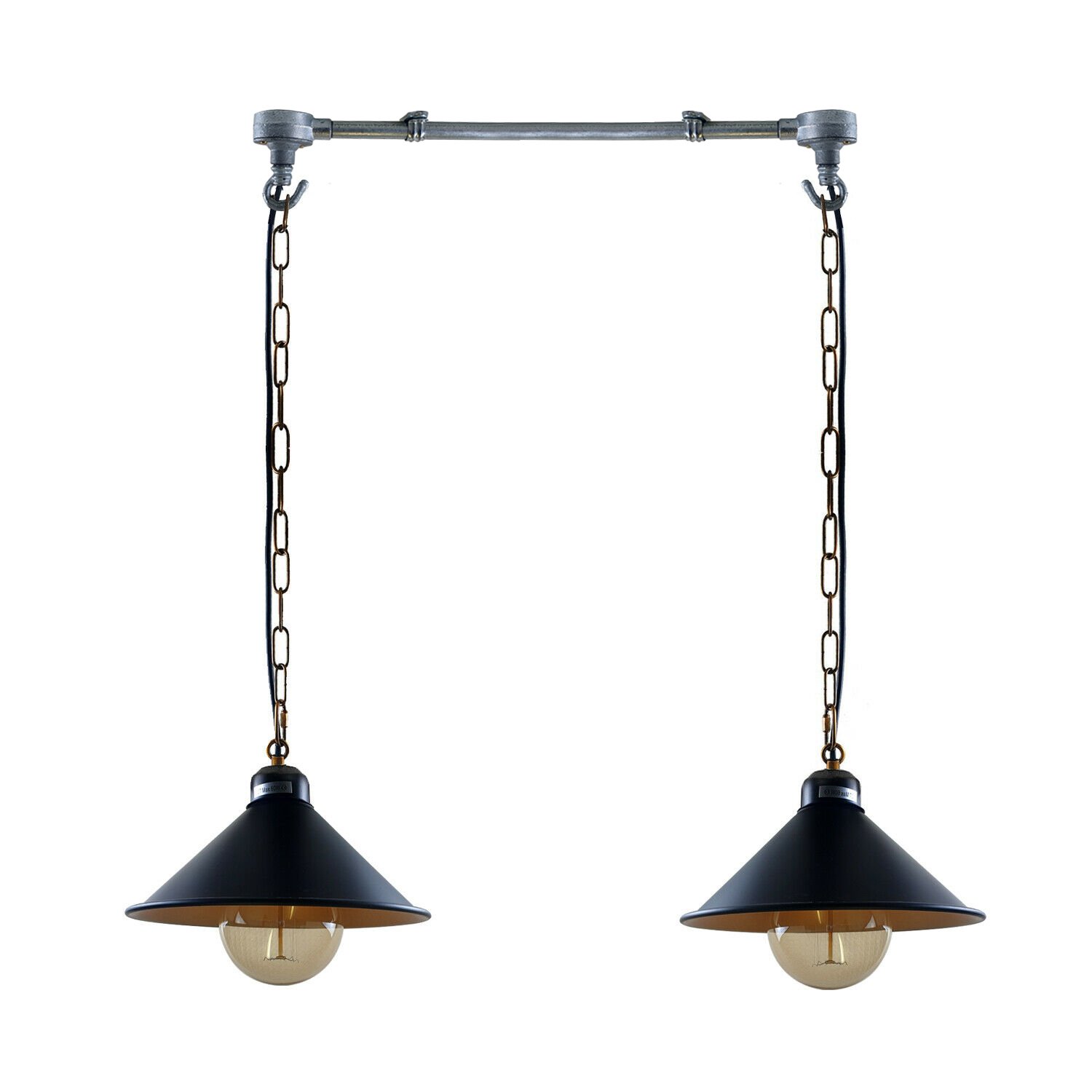 Industrial ceiling lights featuring a retro metal pipe design, ideal for loft-style interiors, with a sleek black finish and brushed silver accents.