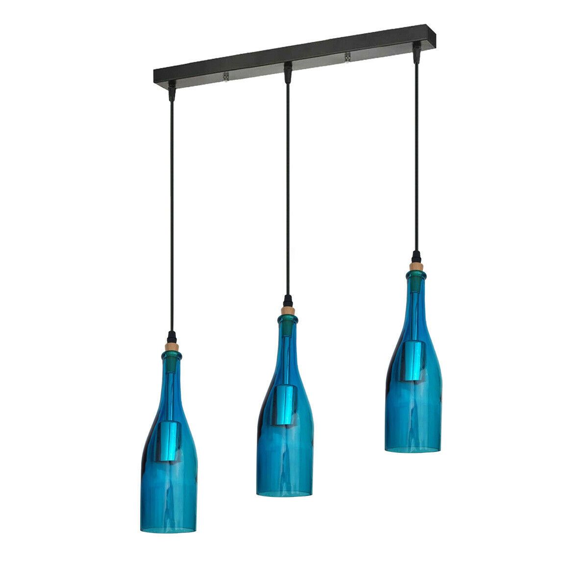 Industrial Ceiling Pendant Light with 3 blue glass lampshades, showcasing vintage design and elegant craftsmanship.