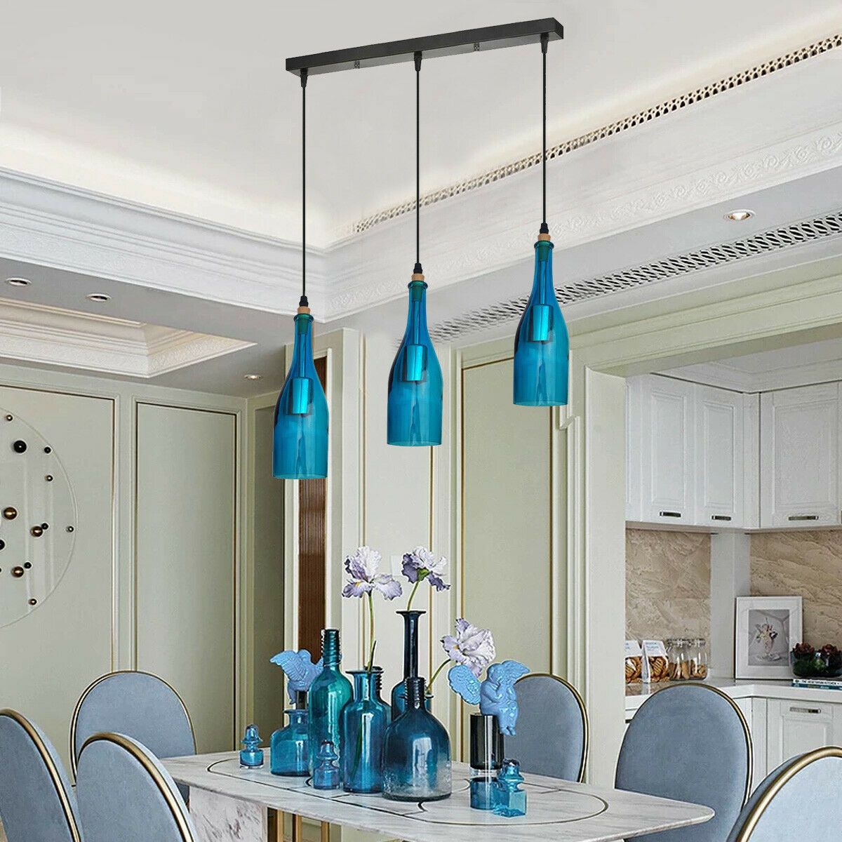 Industrial Ceiling Pendant Light with 3 blue glass lampshades, showcasing vintage design and elegant craftsmanship.