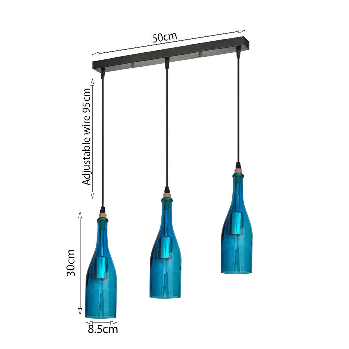 Industrial Ceiling Pendant Light with 3 blue glass lampshades, showcasing vintage design and elegant craftsmanship.