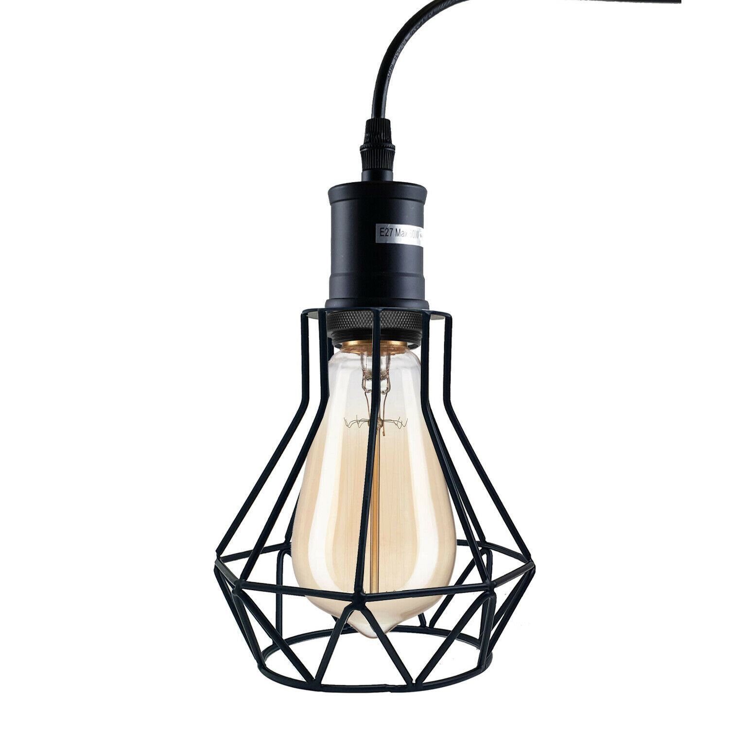 Industrial E27 Black Light Ceiling Pendant with cage design, showcasing a stylish black finish and hanging cable.