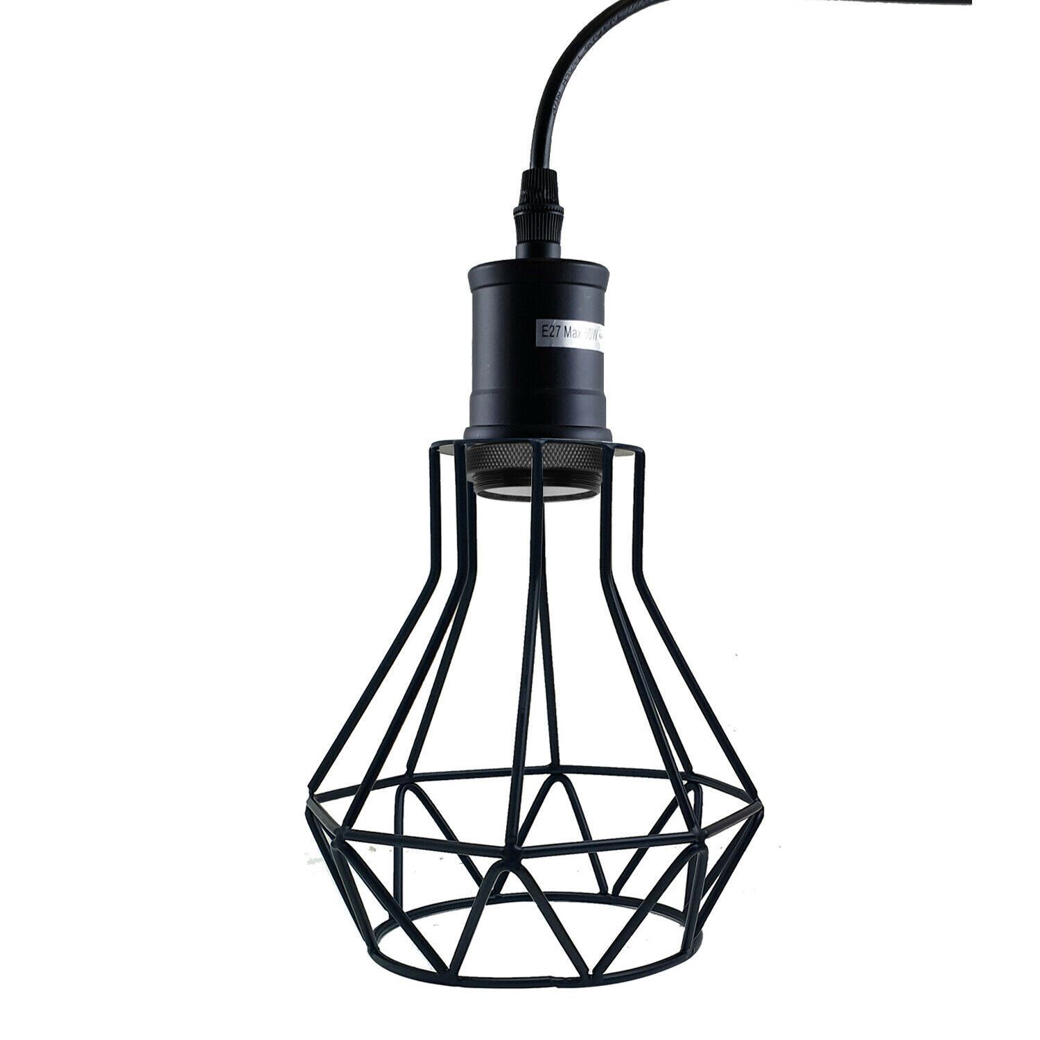 Industrial E27 Black Light Ceiling Pendant with cage design, showcasing a stylish black finish and hanging cable.