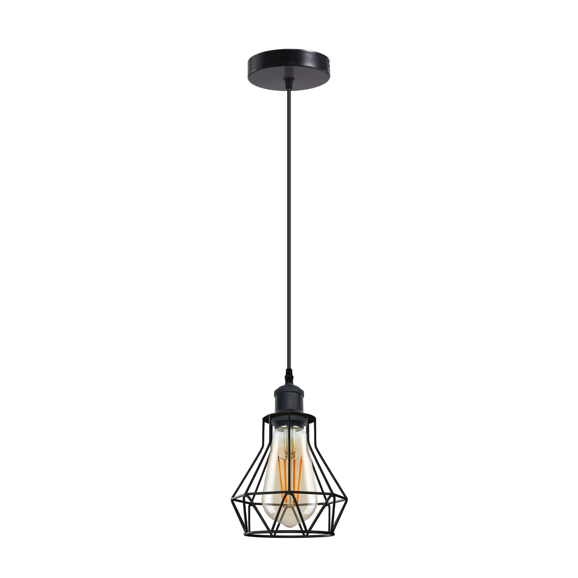 Industrial E27 Black Light Ceiling Pendant with cage design, showcasing a stylish black finish and hanging cable.