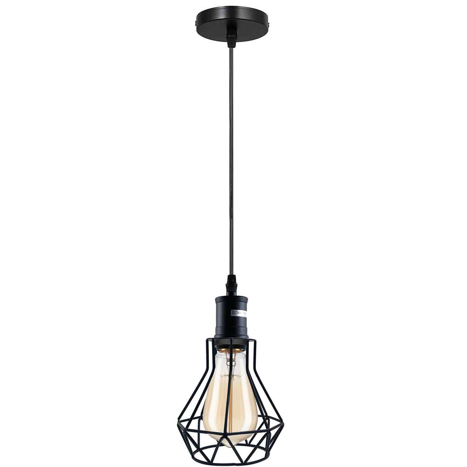 Industrial E27 Black Light Ceiling Pendant with cage design, showcasing a stylish black finish and hanging cable.