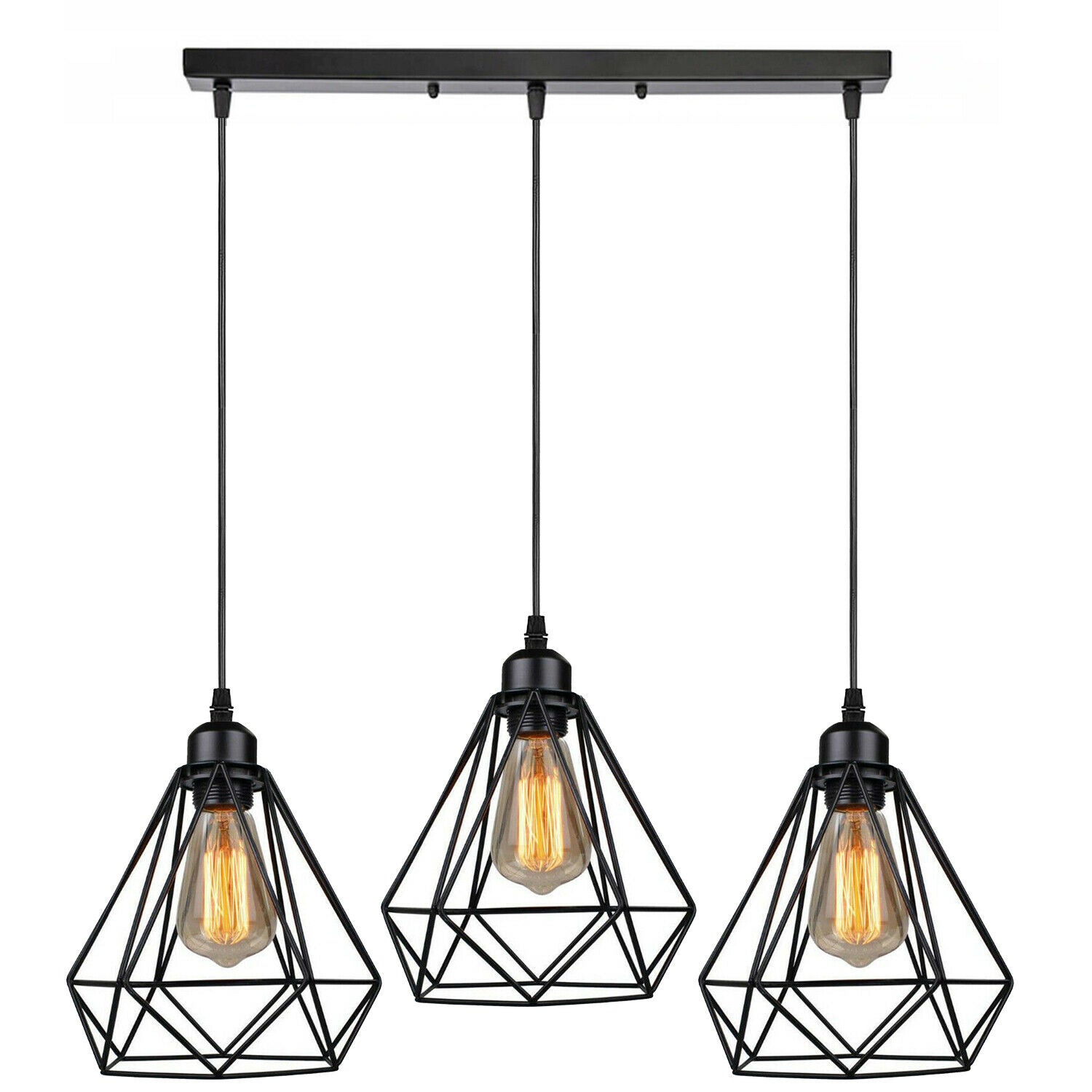 Industrial Geometric Cage Pendant Lamp showcasing a black metal design with a geometric cage structure, ideal for modern decor.