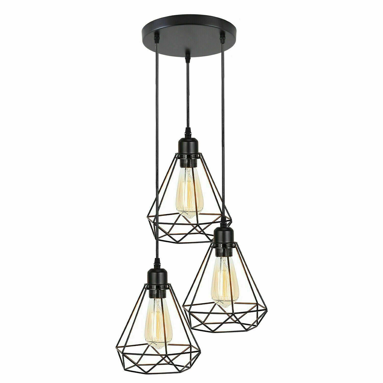 Industrial Geometric Cage Pendant Lamp showcasing a black metal design with a geometric cage structure, ideal for modern decor.