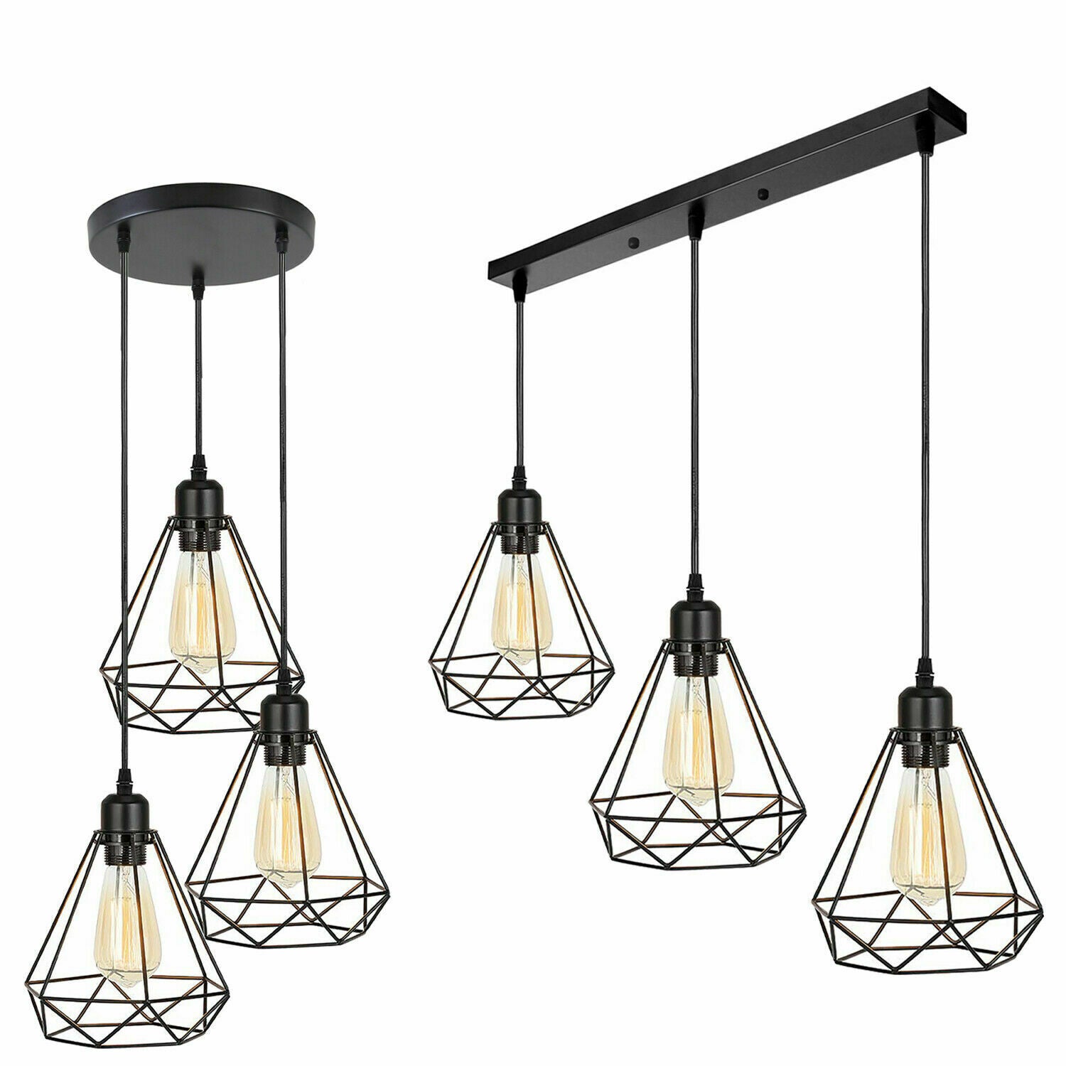 Industrial Geometric Cage Pendant Lamp showcasing a black metal design with a geometric cage structure, ideal for modern decor.