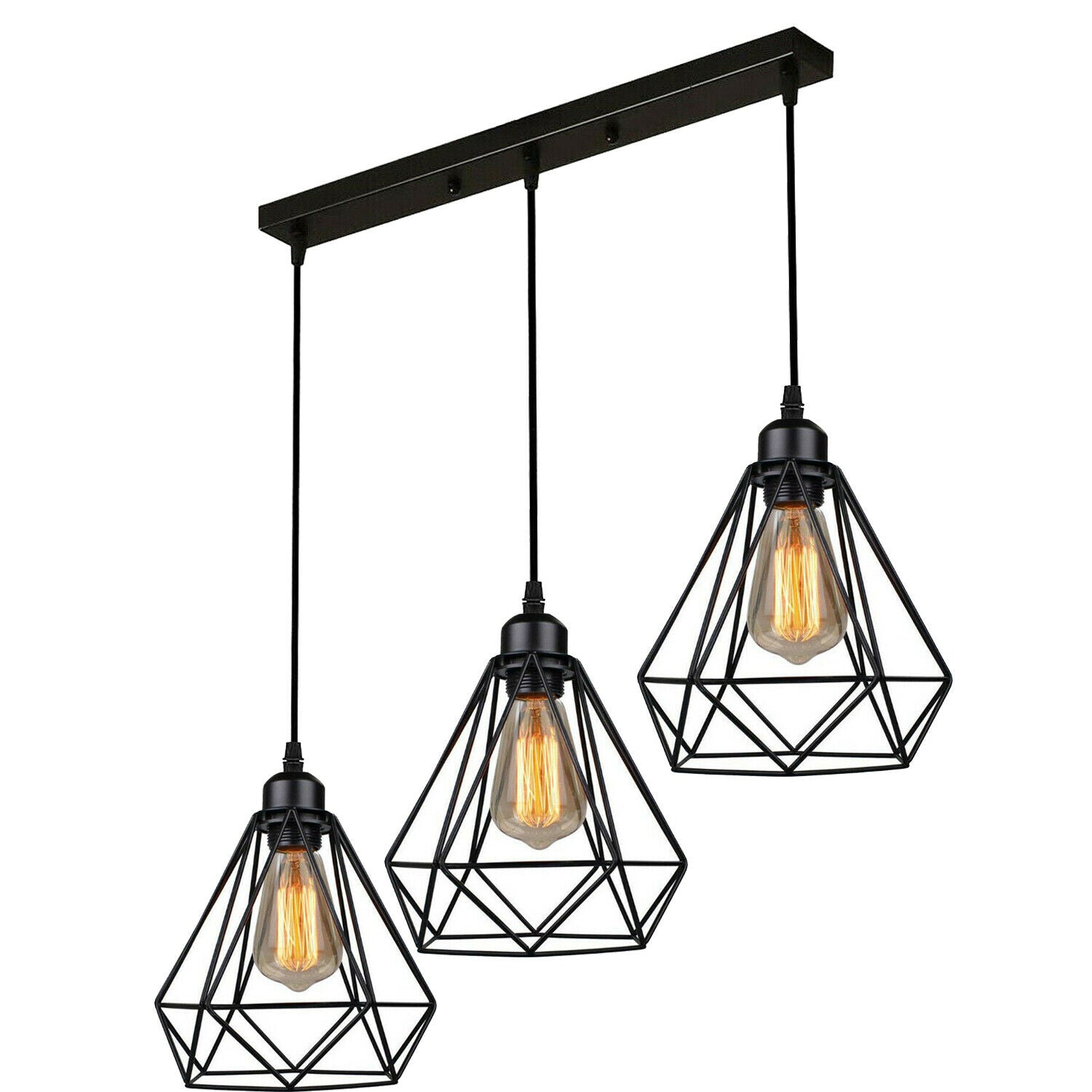 Industrial Geometric Cage Pendant Lamp showcasing a black metal design with a geometric cage structure, ideal for modern decor.