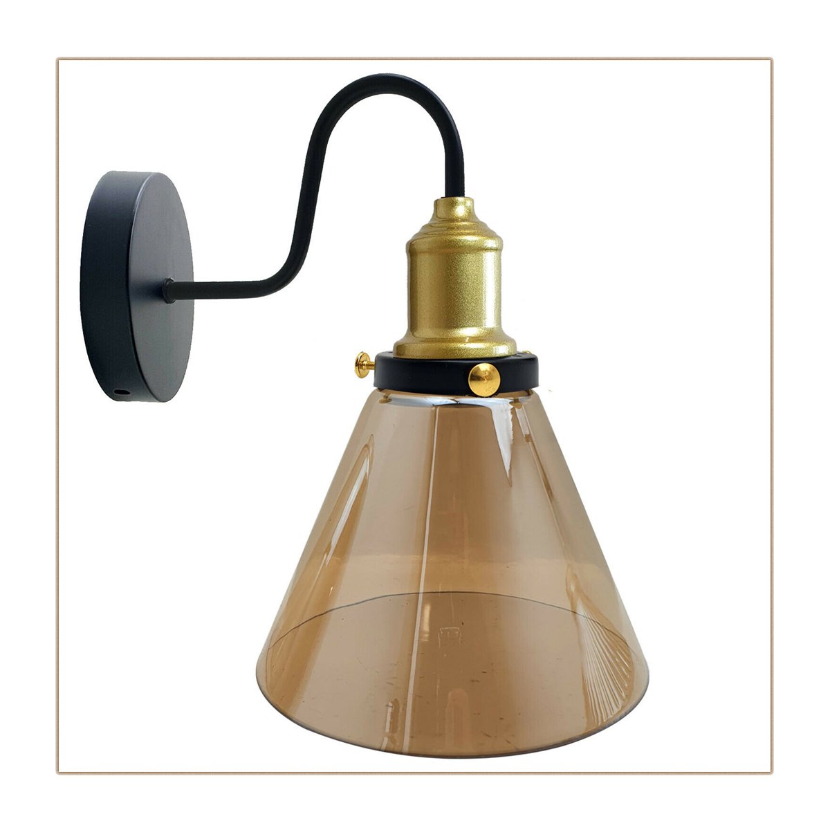 Industrial Amber Glass cone lampshade with metal fixture, ideal for wall lighting.