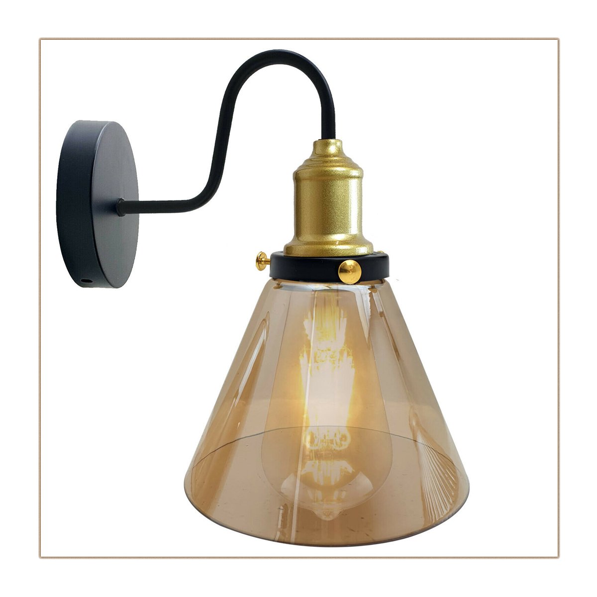 Industrial Amber Glass cone lampshade with metal fixture, ideal for wall lighting.