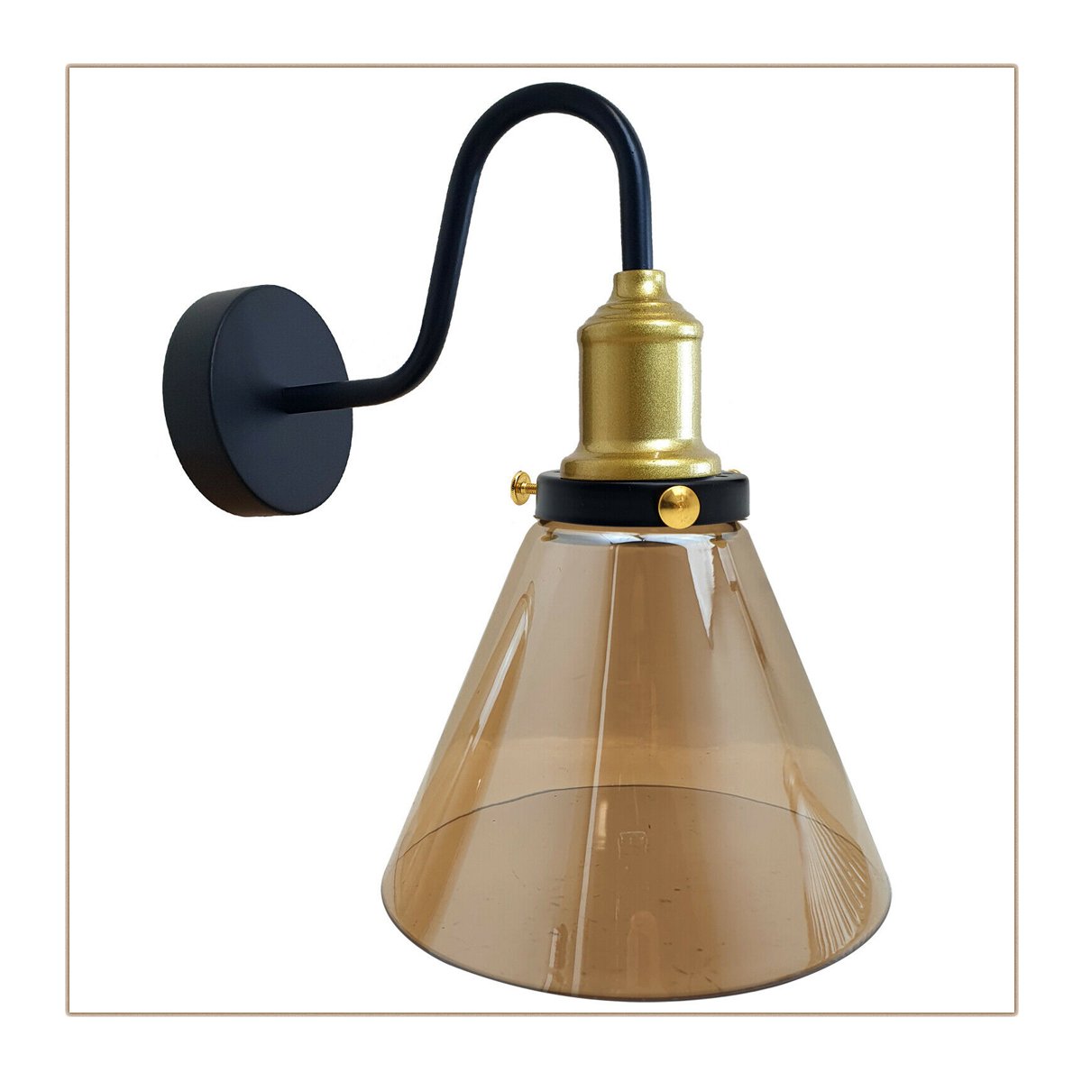 Industrial Amber Glass cone lampshade with metal fixture, ideal for wall lighting.