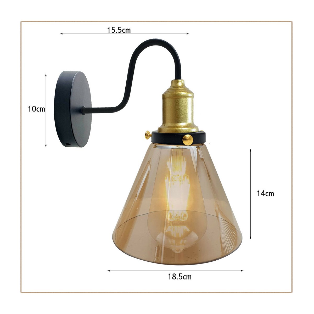Industrial Amber Glass cone lampshade with metal fixture, ideal for wall lighting.