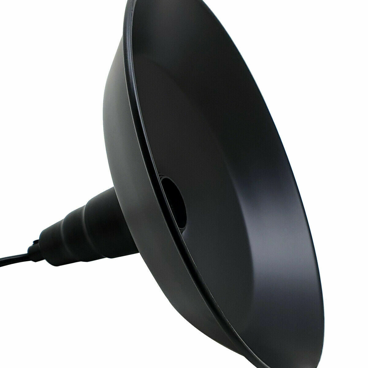 Industrial matte black pendant lighting shade in bowl shape, showcasing vintage design and metal construction.