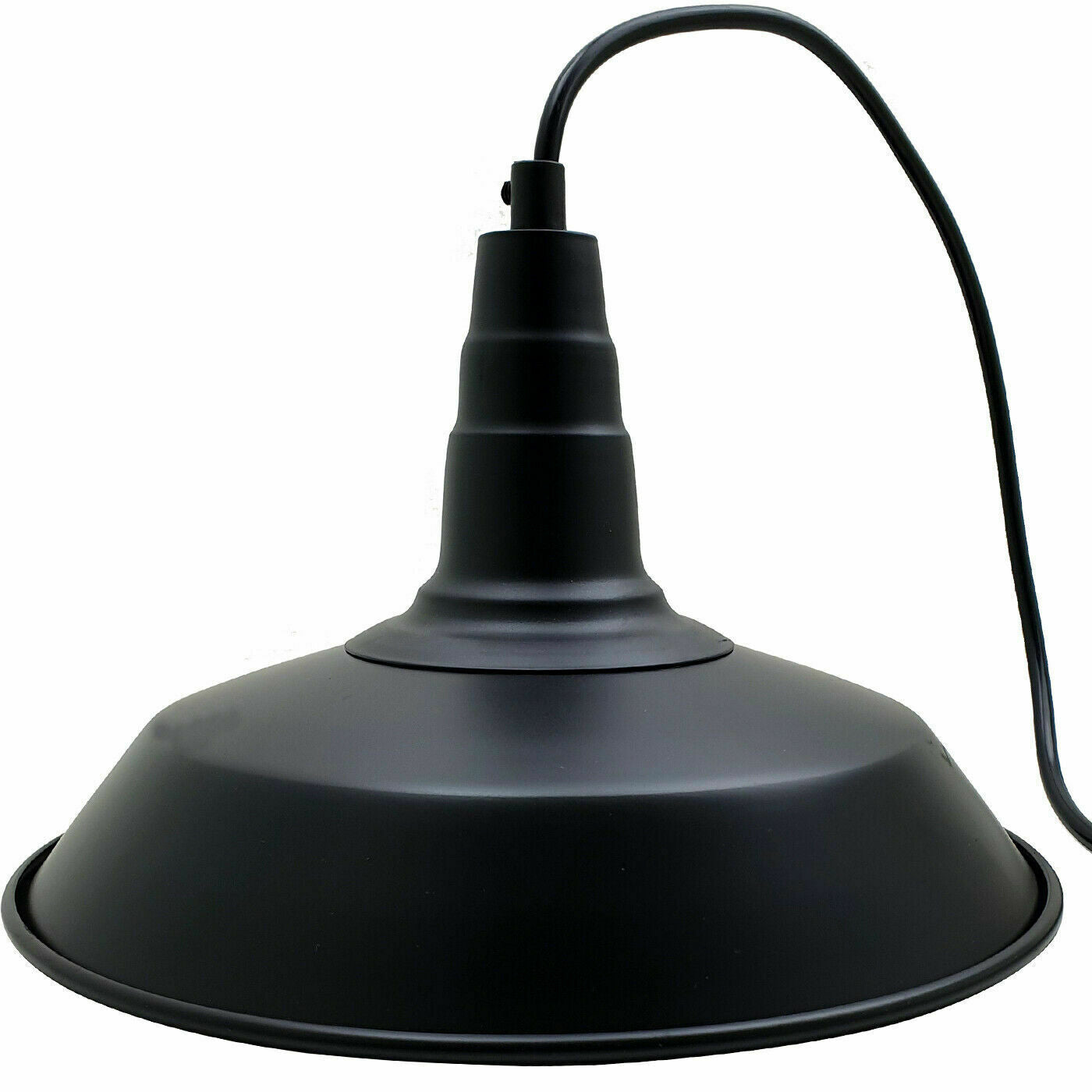 Industrial matte black pendant lighting shade in bowl shape, showcasing vintage design and metal construction.