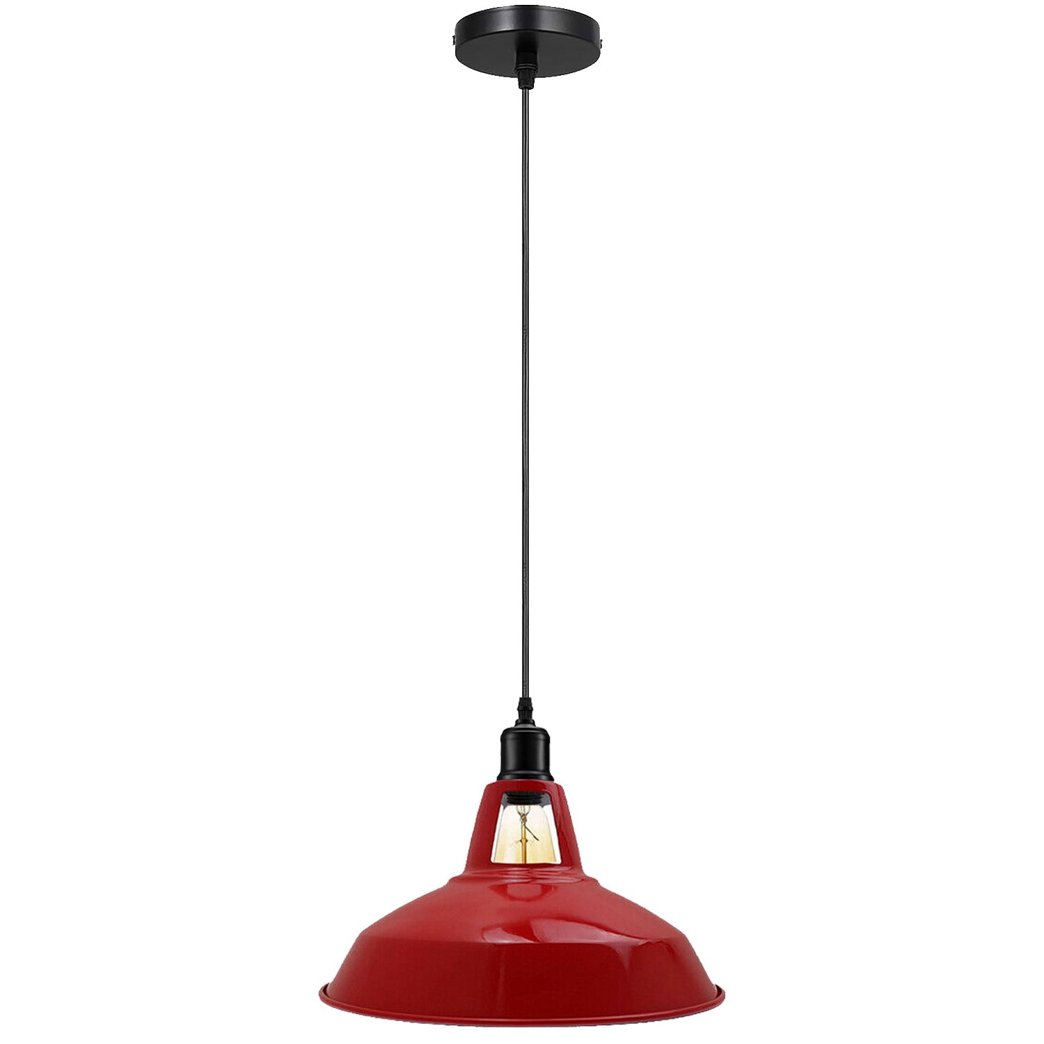 Industrial Metal Barn Red Pendant Light showcasing its stylish design and vibrant color, perfect for home or commercial use.