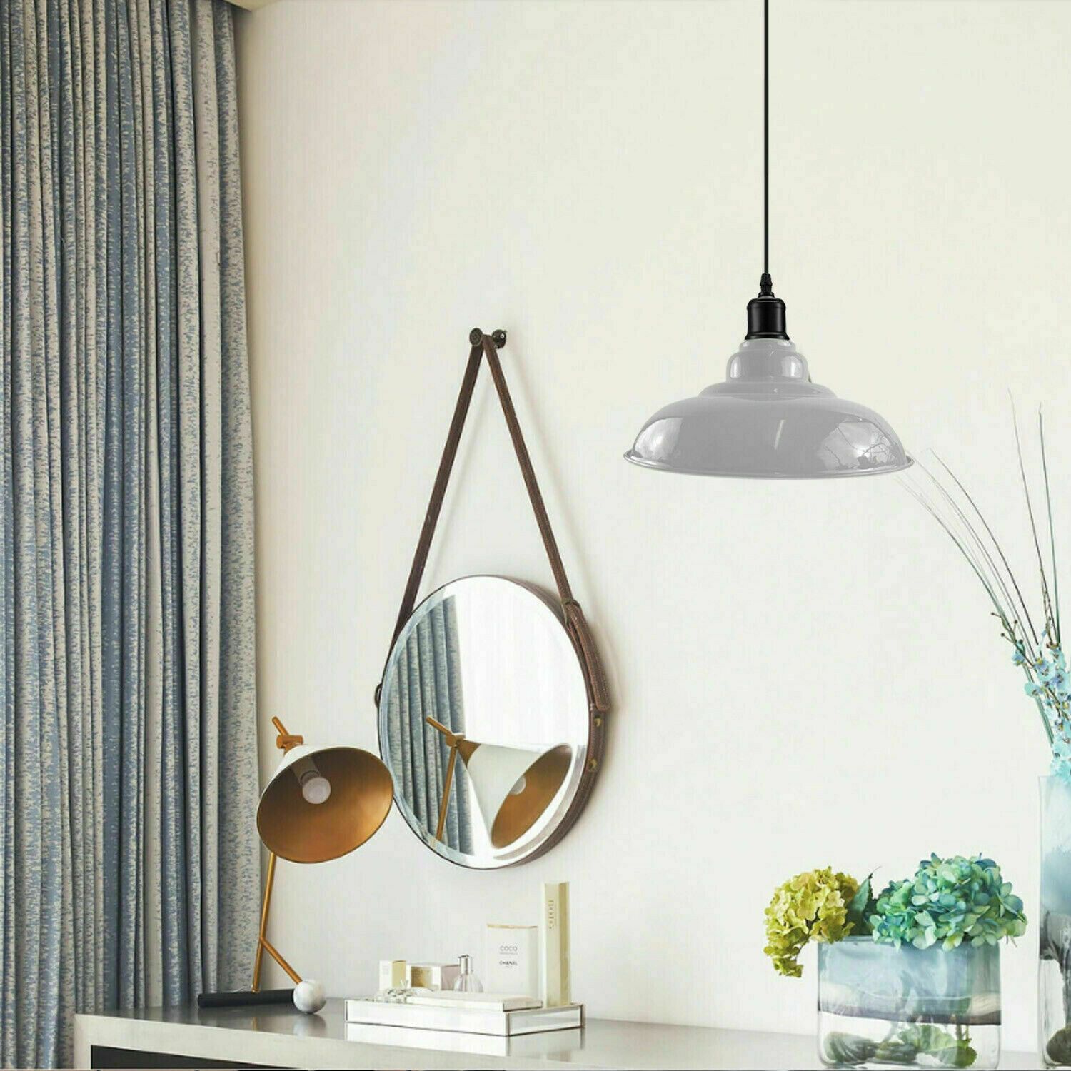 Industrial Metal Curvy Hanging Pendant Light in various colors with a sleek dome design, perfect for modern interiors.