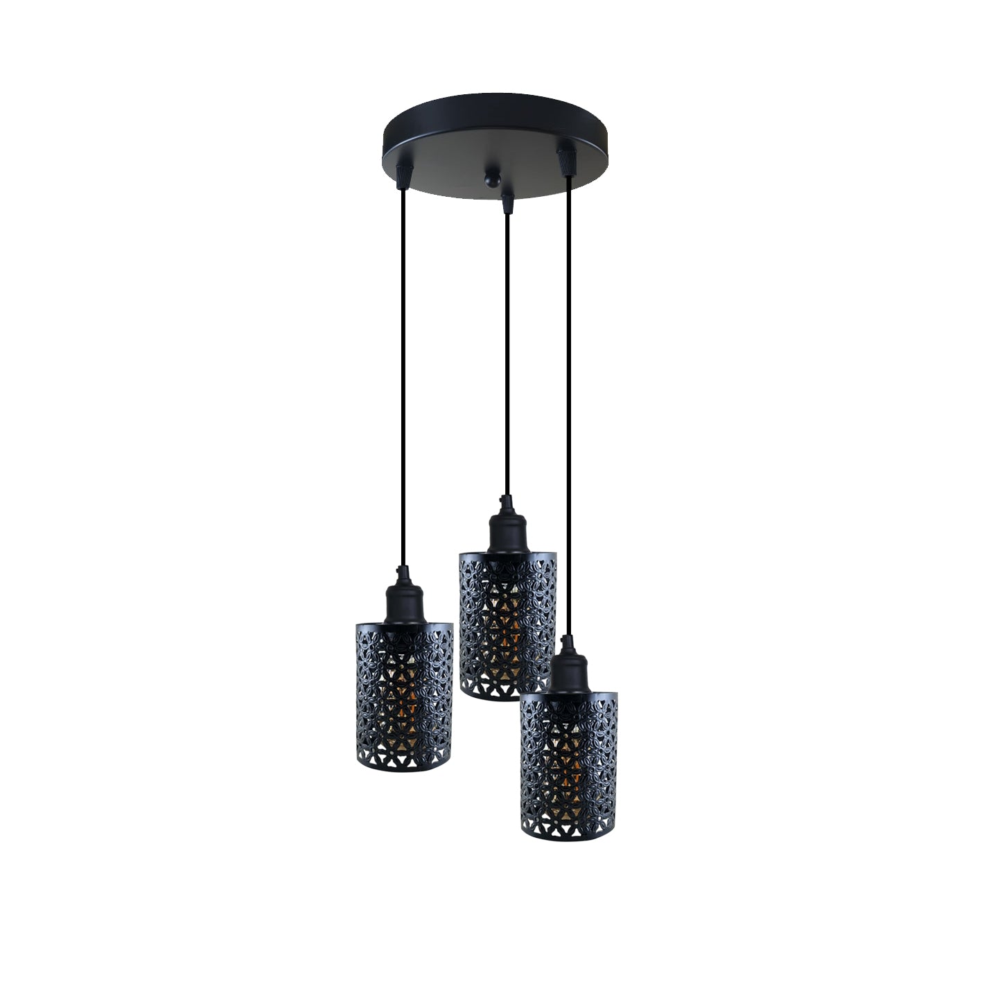 Industrial Retro pendant light with 3-way round ceiling base, featuring metal barrel cages and adjustable cables.