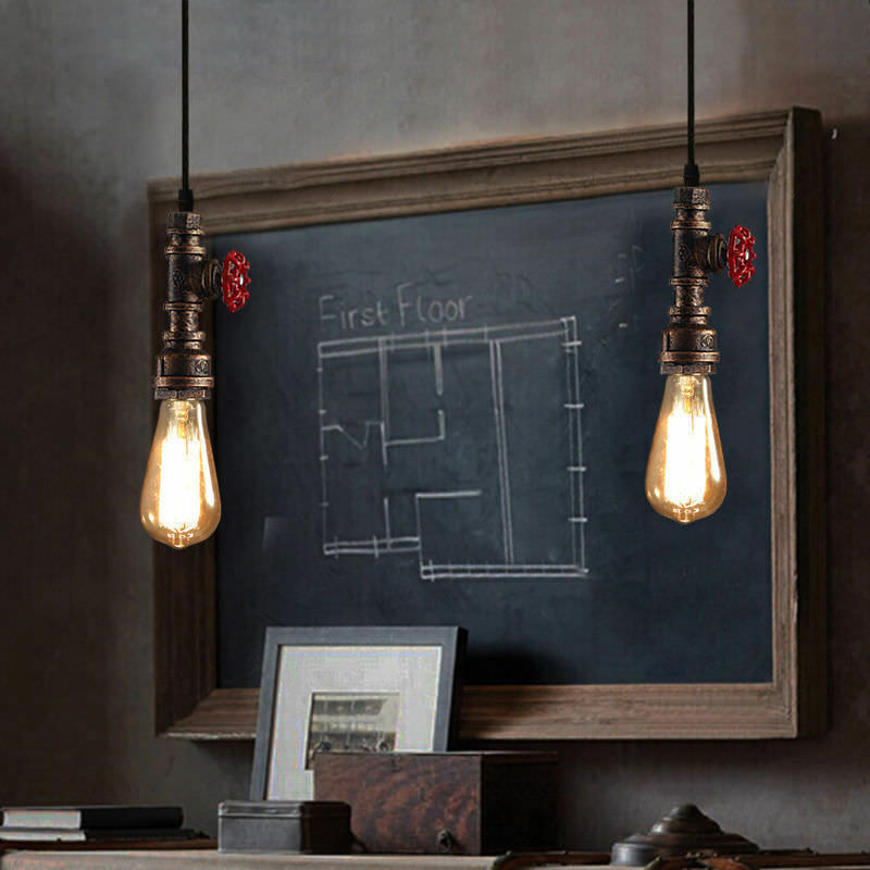 Industrial Steampunk Water Pipe Pendant Light in red copper and brass, showcasing its vintage design and iron metal construction.