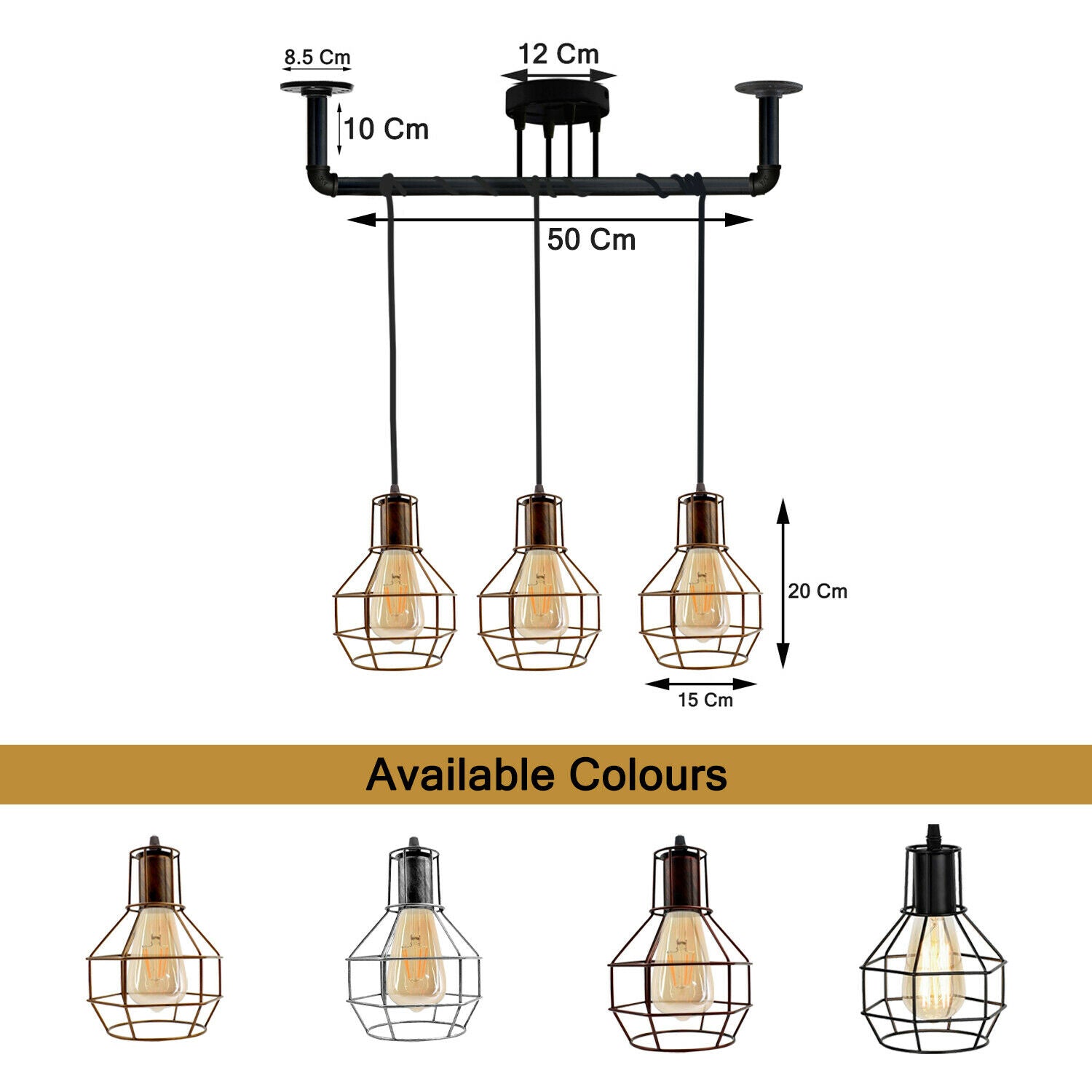 Industrial style ceiling light with brushed copper finish and three E27 lamp holders, perfect for modern decor.