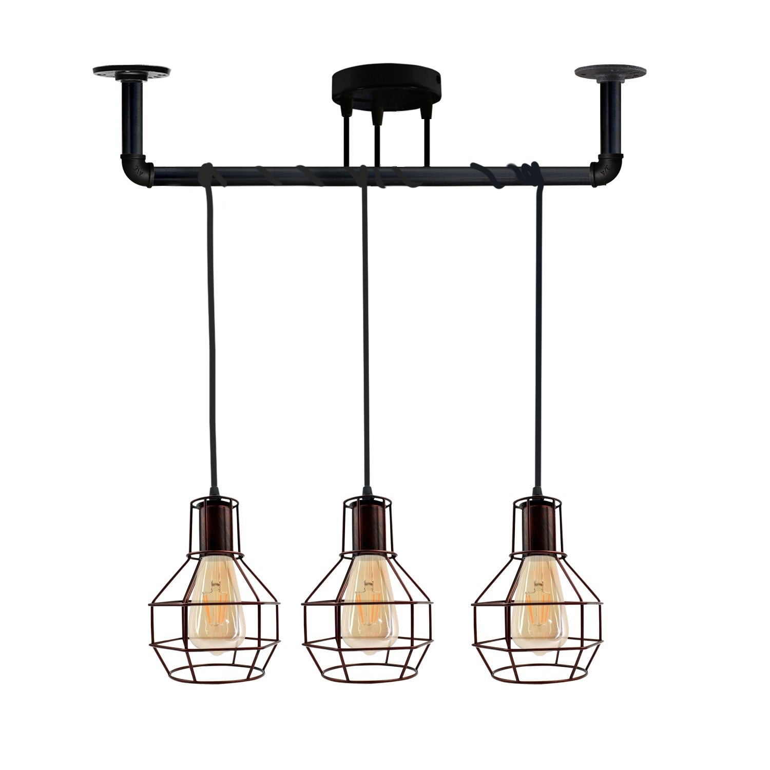Industrial style ceiling light with brushed copper finish and three E27 lamp holders, perfect for modern decor.