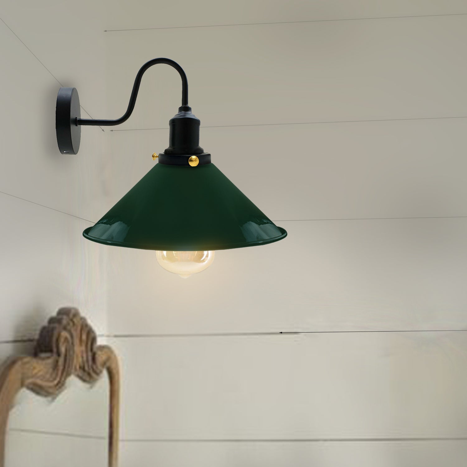 Industrial Vintage Green Swan Neck Wall Light Sconce showcasing a rustic metal design with a cone-shaped shade.