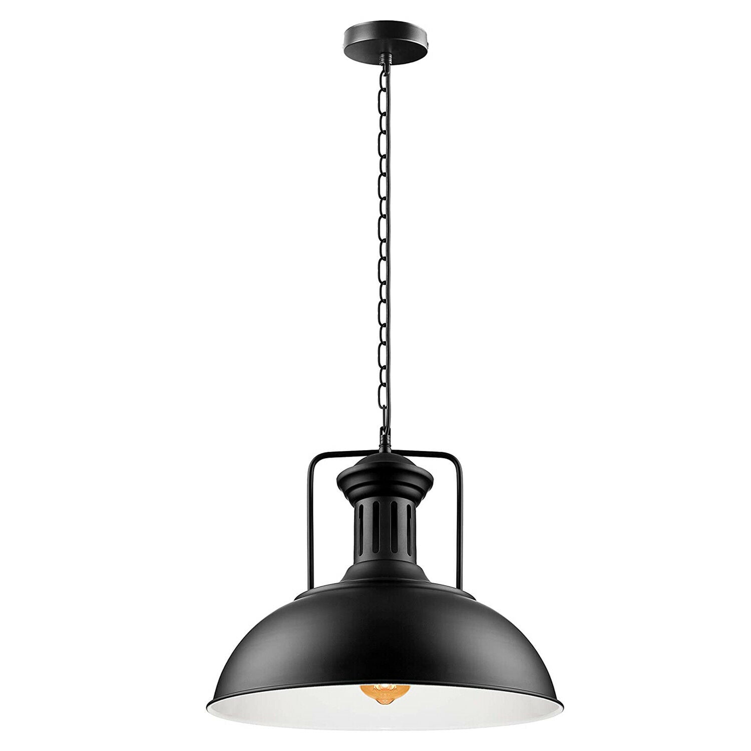 Industrial vintage metal adjustable hanging ceiling light with black exterior and white inner shade, perfect for modern and retro interiors.